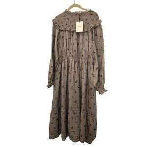 The New Society NWT gray burgundy flowers Little House Prairie smocking Dress L